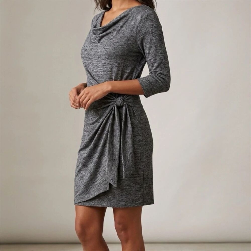 Ann Taylor Wrap Dress Womens Sz M Cowl Neck Stretch Gray tie belt casual career